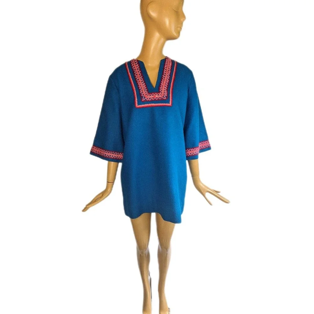 1960s colorful tunic, vintage wool mini‎ dress vibrant turquoise wool embroidery - Picture 6 of 10